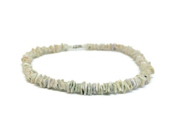 White Puka Shell Choker Necklace, Speckled With Blue, Beige, Tropical Jewelry, Beach Jewelry