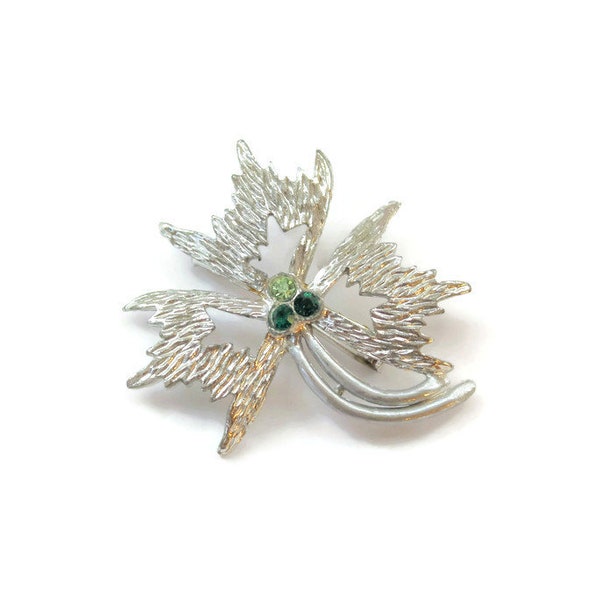 Shamrock Clover Brooch Pin, In Silver Tone, With Green Rhinestones, St. Patrick Day Brooch Pin