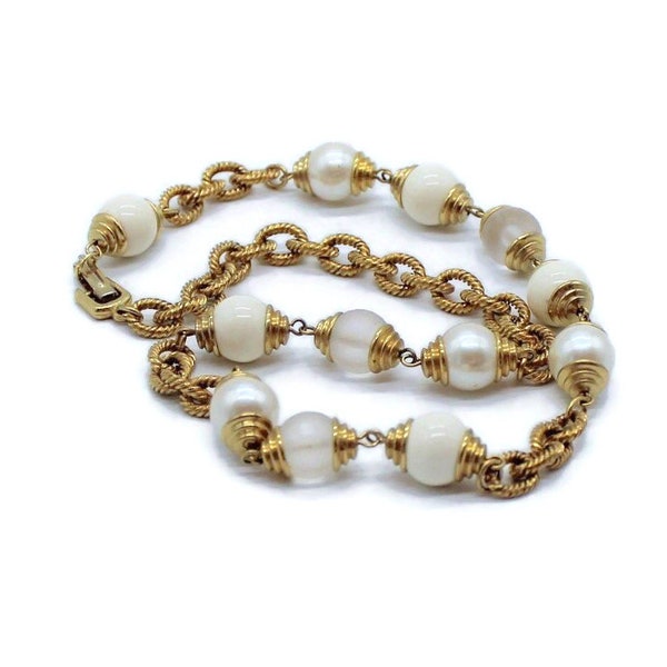 Textured Gold Tone Cable Chain Necklace, With Frosted, White, And Faux Pearl Beads, Office Jewelry, Sophisticated Jewelry