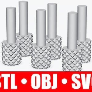 以下が含まれることがあります： ダイヤモンド型の模様が施された銀色の金属製研磨ドラム6個セット。ドラムは2列3個ずつ配置されています。STL - OBJ - SVG.