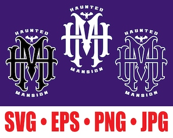 May include: Three variations of a logo design for a haunted mansion. The logo features the letters "MH" in a gothic font with a bat above the letters. The text "Haunted Mansion" is above the letters and below the letters. The logo is in black and white.