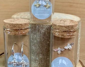 Bee silver plated earrings gift bottle - Three designs to choose