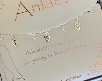 Silver Plated Leaf and Diamonte Anklet