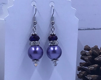 Purple Glass Pearl Crystal Dangle Wire Earrings/Fashion Earrings/Wedding Earrings/Pierced Earrings/Dangle Earrings