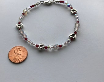 Red and Silver Crystal Hearts Beaded Bracelet