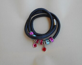 Black Faux Leather Bracelet with Colored Ring Charms