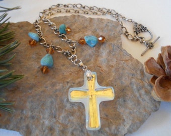 Necklace/Handmade Jewelry/Christian Jewelry/Religious Jewelry/Cross Necklace/Turquoise Nuggets/White Glass Cross/Easter Jewelry