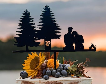 Rustic Wedding Cake Topper Silhouette Cake Topper w/Trees Couples Custom Cake Topper Personalized Cake Topper Wood Cake Topper Wedding Gift