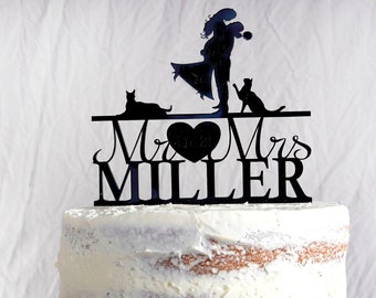 Silhouette Couple Cake Topper | Mr & Mrs Wedding Cake Topper | Personalized Pet/Dog Cake Topper | Custom Wedding Cake Topper | Anniversary