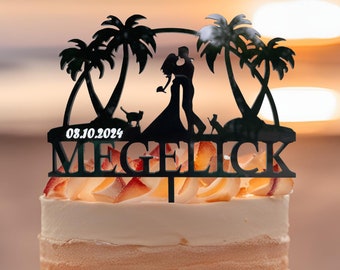 Décoration de gâteau de mariage plage tropicale personnalisée mariée et marié couple de décoration de gâteau pour cadeau de mariage Silhouette de gâteau d'anniversaire avec palmier
