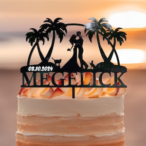 Wedding Cake Topper Tropical Beach Personalized Bride & Groom Couple Cake Topper for Wedding Gift Silhouette Anniversary Cake Topper w/ Palm