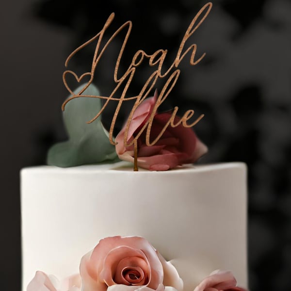 Nom du couple de gâteau de mariage rustique pour mariage de fiançailles personnalisées de gâteau de gâteau en bois doré de gâteau Script
