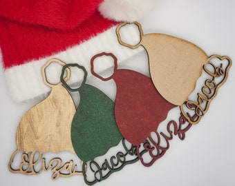 Christmas Stocking Tag Personalized Name 3D Wood Present Tag Custom Santa&#39;s Cap Tags Christmas Light Ornament Large Wooden Family Gift Tag