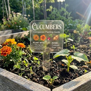 Peut inclure: Un marqueur de jardin transparent avec le mot "CUCUMBERS" et "Companion Planting Guide" imprimé dessus. Le marqueur répertorie les plantes à planter avec et à éviter. Des oeillets d'Inde oranges et des plants de concombre verts sont au premier plan.
