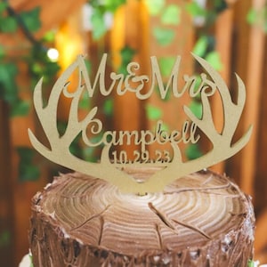 Rustic Grooms Cake Topper Personalized Deer Antler Cake Topper Mr and Mrs Wedding Cake Topper Custom Cake Topper for Wedding Gift & Decor
