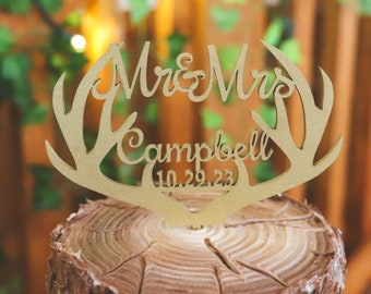 Rustic Grooms Cake Topper Personalized Deer Antler Cake Topper Mr and Mrs Wedding Cake Topper Custom Cake Topper for Wedding Gift & Decor