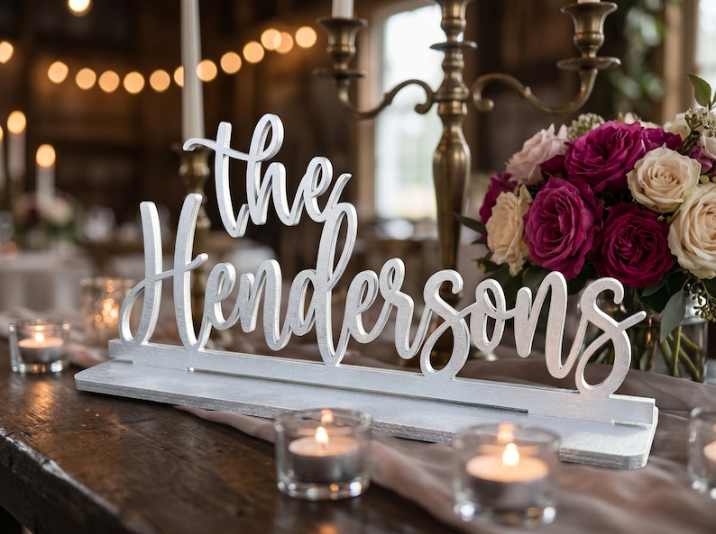 May include: A silver wooden sign that reads "The Hendersons" in cursive script. The sign is on a wooden table, with candles and a bouquet of roses in the background. The sign is a wedding or event decoration.