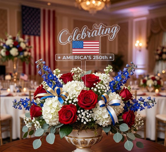 Americas Semi Quincentennial Floral Centerpiece Patriotic Table Decor Corporate Branding Tags Flower Shop Banquet Favors Signage for Gala