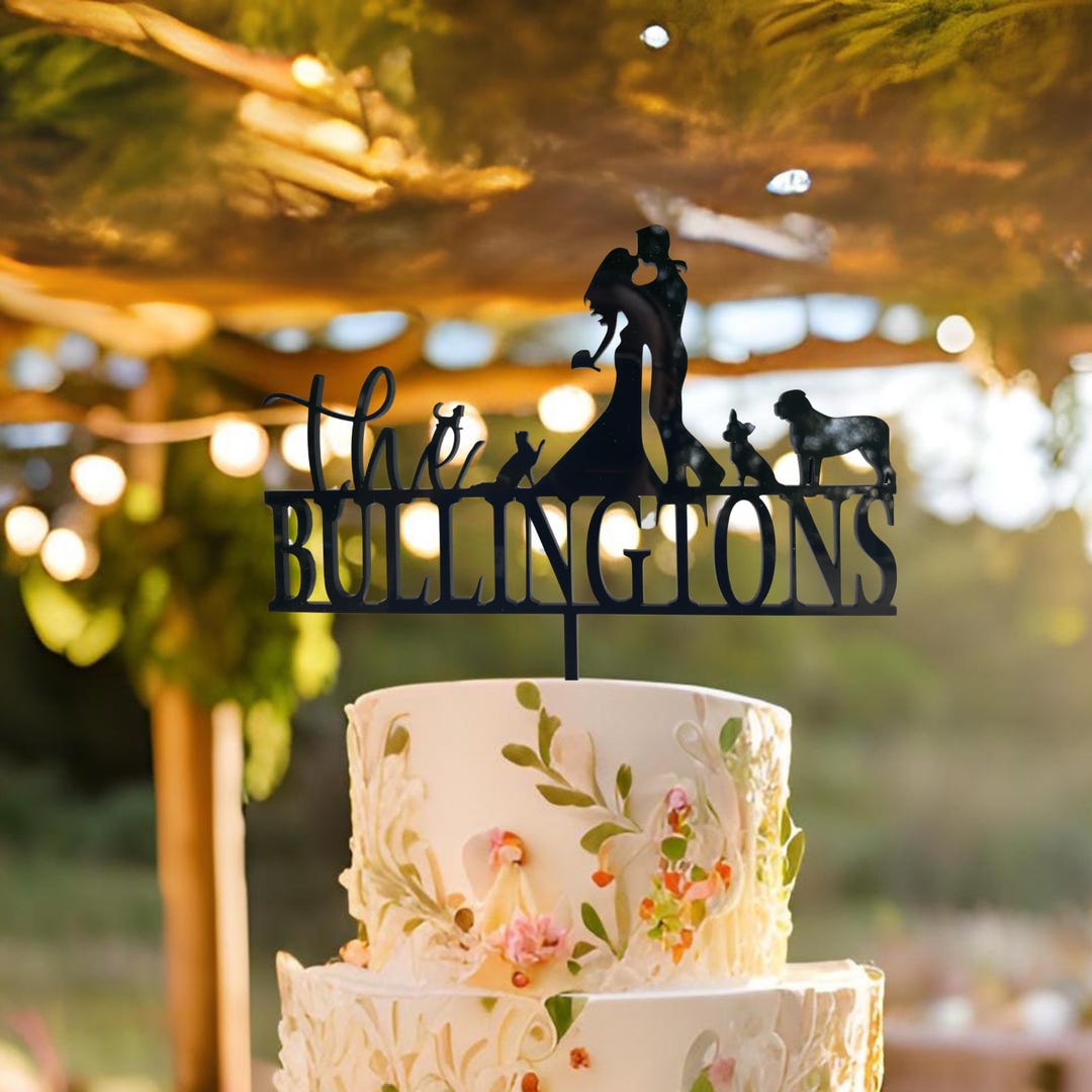 Bride And Groom Silhouette Wedding Cake Topper With Dog Pet - Customizable Acrylic Decor