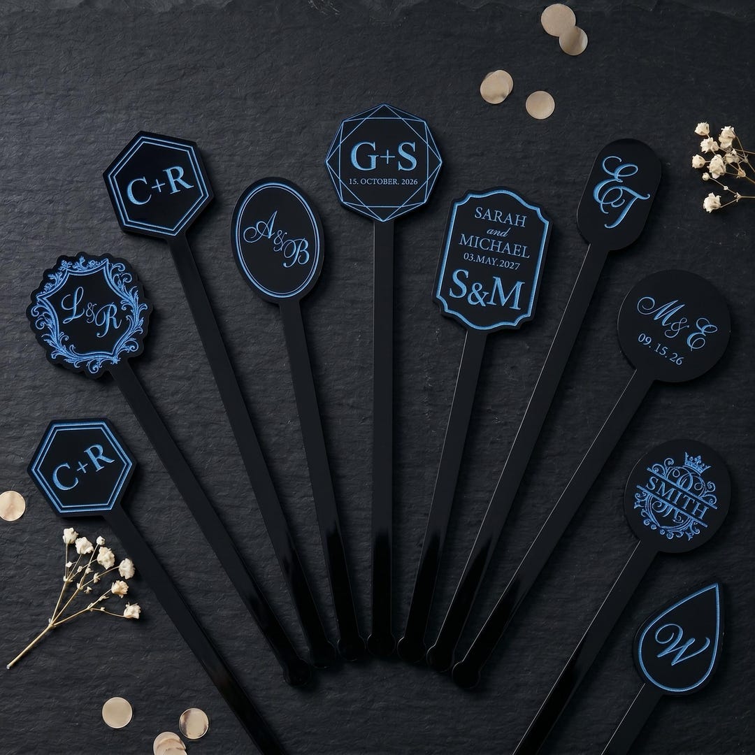 Stir Lettering Personalized Wedding Monogram Drink Stirrers - Luxury Blue Monogram ...