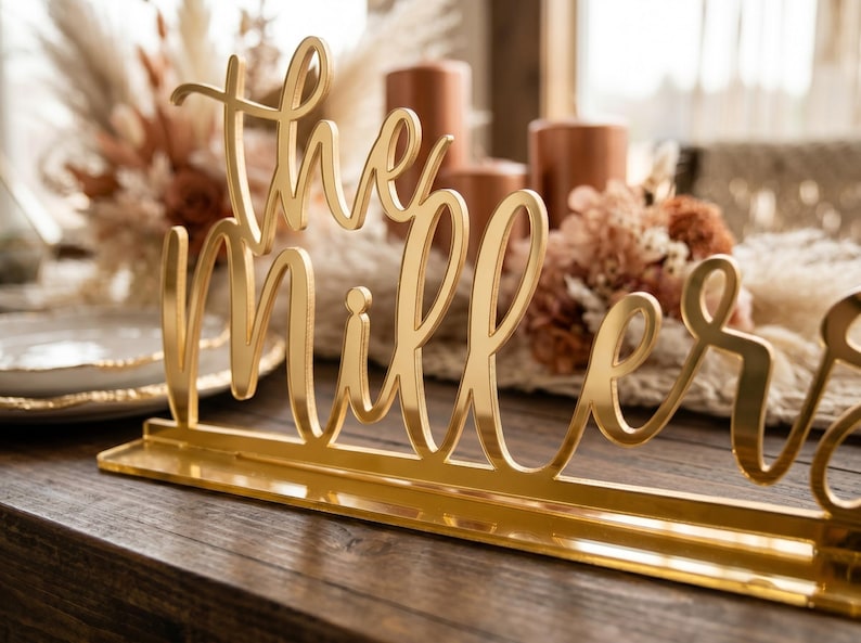 May include: A gold-colored table sign that reads "The Millers" in elegant cursive script. The sign is placed on a wooden table, with blurred background elements including candles and floral arrangements.