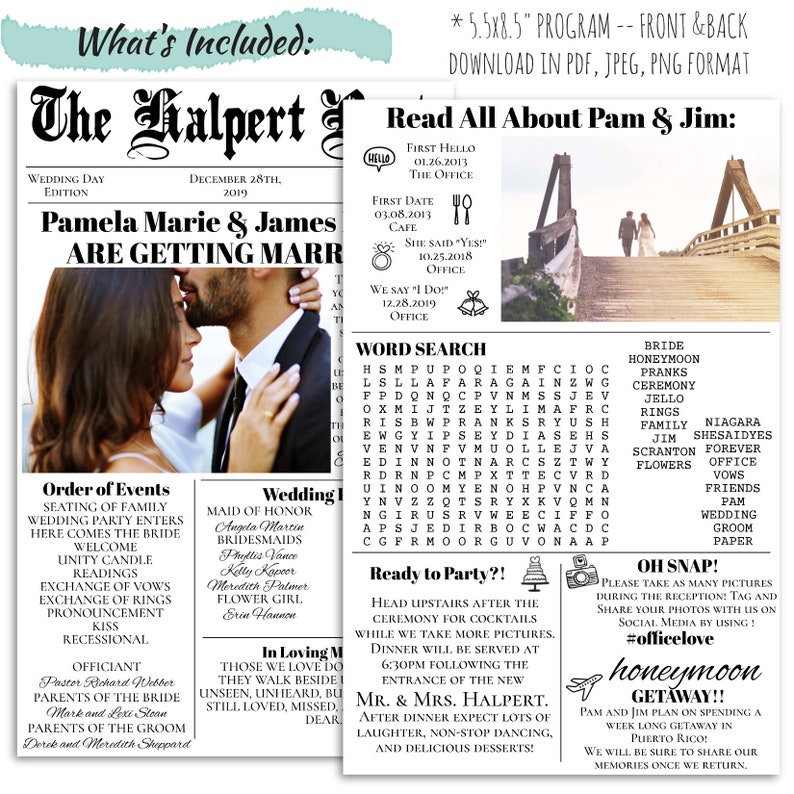 newspaper wedding program printable wedding program fun wedding program unique wedding program infographic program template editable wedding newspaper template download