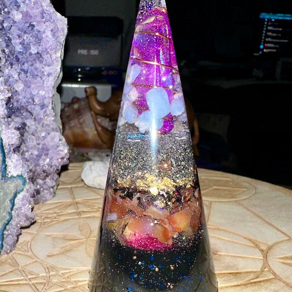 Orgonite Ring Holder,Crystal Cone Orgone Pyramid,Aura Quartz crystals, Angelite, Carnelian, Roses, Shungite, EMF 5G protection