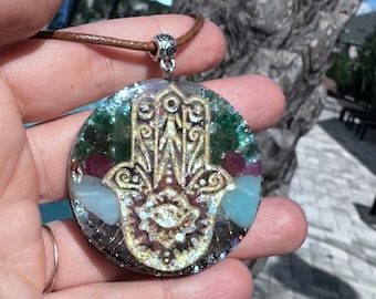 HAMSA Orgone Necklace with Crystals and Shungite,Reiki Healing,Jewelry for the Soul,Starseed Orgone Pendant, 5G EMF Protection