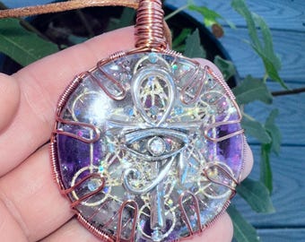 WireWrapped Ankh & Eye Of Horus Metatron's Cube Transformation Orgone Necklace, Amethyst,Shungite,EMF 5G Protection,Empath Healing