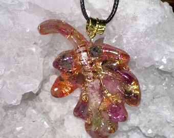 Autumn Jewelry, Leaf Orgone Protective Necklace,Rainbow Aura Quartz, Pink Tourmaline,Garnet,Shungite,EMF Protection,Reiki Infused,528Hz