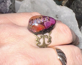 Orgonite Ring with Raw Ruby, Shungite, Crystal Healing, Jewelry for the Soul, Emf 5g Psychic Protection,528 Hz Reiki Charged Adjustable Ring