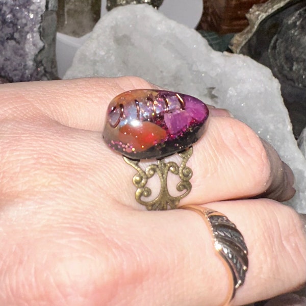 Orgonite Ring with Raw Ruby, Shungite, Crystal Healing, Jewelry for the Soul, Emf 5g Psychic Protection,528 Hz Reiki Charged Adjustable Ring