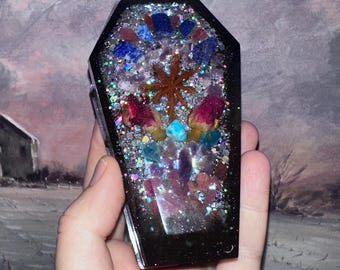 Crystal Coffin Orgone Botanical Jewelry Box / Altar Decor, EMF 5G Protection, Chakra Healing, Reiki Infused, 528Hz Frequency Infused