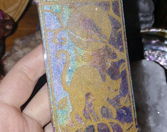 Holographic Cat and Moon Orgone Charging Plate, Witch Altar Decor