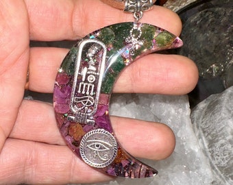 Egyptian Symbols Nefertiti Crescent Moon Orgone Necklace~Reiki Infused~528Hz~5G EMF Protection~Osiris~Ankh~Bastet~Ruby~Emerald~Hematite