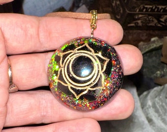 Muladhara Symbol Base Chakra Activation ORGONE Necklace with Tourmaline,Reiki infused, Charged with frequency of 528Hz, EMF 5G protection