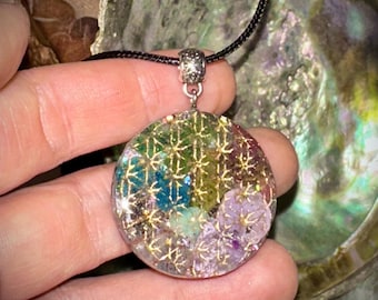 Flower of Life Orgone Crystal Pendant, Reiki Healing Necklace