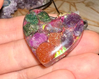 Sacred Heart Orgone Necklace, Aura Quartz, Raw Ruby and Raw Emerald, Amethyst, red Goldstone, EMF 5G Protection,Reiki Infused