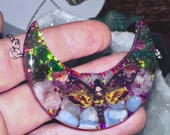 Moth Orgonite Necklace: Crystal Shungite, Reiki Charged EMF Protection, Moon Orgonite