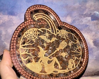 Pumpkin Witch Orgone Plate, Halloween Decor, Reiki Healing