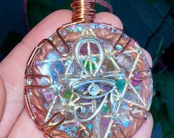 Royal cubit 144 mhz Tensor Ring Ankh and Eye Of Horus Merkaba Orgone Necklace,4 Aura Quartz,Shungite,EMF 5G Protection