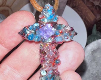 Cross Crystal Orgone Necklace with Charoite, Blue Apatite & Shungite, 528 Hz Charged, Chakra Healing