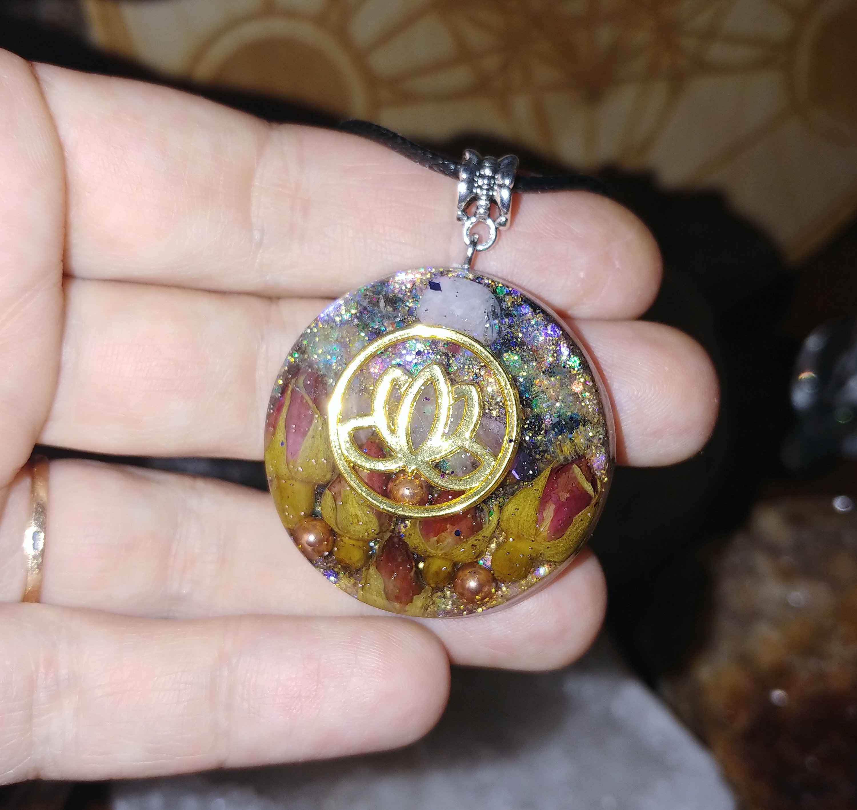 Lotus Rose Crystal Orgonite Necklace: Reiki Healing EMF Protection