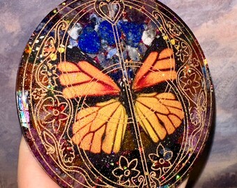 Chalice Well Monarch Butterfly Crystal Orgonite Coaster/Altar Crystal Charging Disc,Altar Decor, Psychic Protection, EMF 5G Blocker