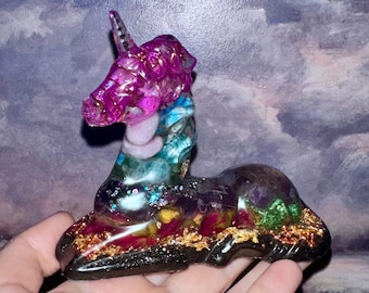 Flower of Life Crystal Unicorn Orgone: Aura Quartz, Blue Apatite, Lepidolite, Healing Botanicals, Amethyst.