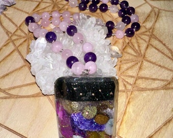 Crystal Point ORGONE MALA Necklace,Amethyst, Charoite, Rose Quartz, Moonstone, Shungite, EMF 5G Protection, Reiki infused,Charged with 528Hz