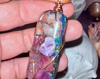 Wire Wrapped Orgone Necklace for Protection & Prosperity, Raw Ruby, Sunstone, Charoite, Shungite, Reiki Starseed Orgonite Jewelry