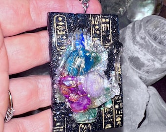 Egyptian Anubis Deity Orgone Necklace with Rainbow Aura Quartz, Shungite, Reiki & 528Hz Charged, Psychic Protection, Egyptian Gods
