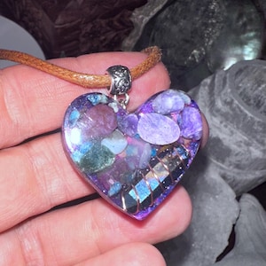 Sacred Heart Orgone Necklace, Aura Quartz, Raw Ruby and Raw Emerald, Amethyst, red Goldstone, EMF 5G Protection,Reiki Infused