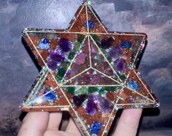 Merkaba Symbol Orgone Coaster/Altar Decor, 6 Powerful Aura Quartz Crystals, Raw Ruby & Fluorite, Shungite,EMF 5G Protection,Empaths Healing